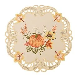 Thanksgiving Harvest Pumpkins Round Doily Placemats For Autumn Or Fall Decorations, Embroidery (15 Inch Round Doily Set Of 4)