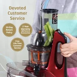 Rtical Grind Cold Press Juicer, Anti-Oxidation Wide Chute Slow Grinding Juicer With 60 RPM 240W AC Motor & Large 3” Mouth The Ultimate Fruit And Vegetable Juice Extractor (Red) -Wilton Shop 514vZqN6OoL