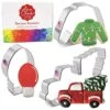 3-Piece Christmas Trends Cookie Cutter Set With Recipe Booklet, Vintage Truck With Tree, Lightbulb And Ugly Sweater