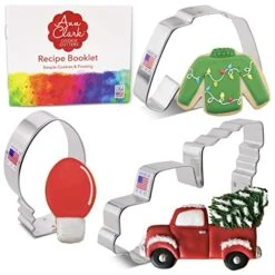 3-Piece Christmas Trends Cookie Cutter Set With Recipe Booklet, Vintage Truck With Tree, Lightbulb And Ugly Sweater