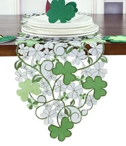 St. Patrick's Day Spring Table Runner,Applique Embroidered Cutwork Clover Design, Home Kitchen Dining Tabletop Decoration, Runner 13"×54", Green