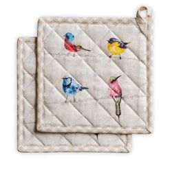 D' Hermine Hot Pads 100% Cotton Pot Holders Set Of 2 With Hanging Loop Potholder, Heat Resistant, BBQ, Baking, Grilling & Barbeque, Birdies On Wire - Spring/Summer (8"x8")