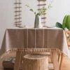 Waterproof Tablecloth Embroidery Burlap Linen With Tassel - Heavy Duty Fabric Wrinkle Free Rectangle Table Cloth For Tables Rustic Farmhouse Tablecloths For Outdoor Party Kitchen 55x102 Coffee