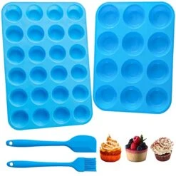 GENERIC Silicone Muffin Pan, Set Of 2 Non-Stick Cupcake Pans, 12 And 24 Cups, Blue, With Bonus Silicone Brush And Spatula