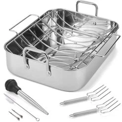 Stainless Steel Roasting Pan With Rack, 16.5 Inch Rectangular Turkey Roaster Lasagna Pan For Roasting Turkey, Chicken, Meat & Vegetables, Non-toxic & Heavy Duty, Easy Clean & Dishwasher Safe