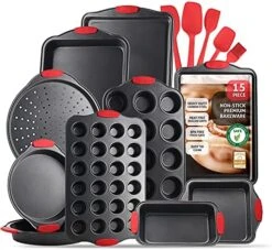 Aking Pans Set, 15 Piece Premium Baking Set, Nonstick Bakeware Sets BPA Free, Cookie Sheets For Baking Nonstick Set, Steel Baking Sheets For Oven With Muffin Pan, Cake Pan & Kitchen Utensils - Black -Wilton Shop 516O0pSwFSL. AC