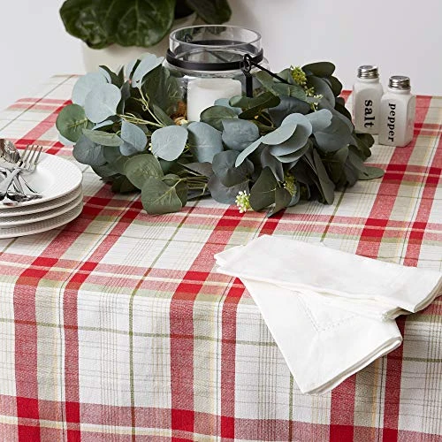 Orchard Plaid Collection Linen Tabletop Essentials, Tablecloth, 70" Round, Taupe/Red 6 Orchard Plaid Collection Linen Tabletop Essentials, Tablecloth, 70" Round, Taupe/Red - Image 4