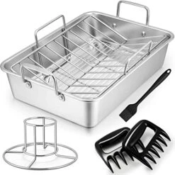 Roasting Pan, Stainless Steel Large Turkey Roaster Pan With V Rack & Cooling Rack, Beer Can Chicken Holder & Meat Claws For Shredding & Silicone Brush, Healthy & Dishwasher Safe - 7 Pcs