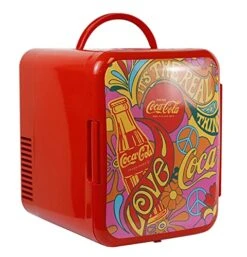 Coca-Cola Peace 1971 Series Portable 6 Can Thermoelectric Mini Fridge Cooler/Warmer, 4 L/4.2 Quarts Capacity, 12V DC/110V AC For Home, Dorm, Car, Beverages, Skincare, Cosmetics, Medication