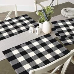 KIMODE Cotton Buffalo Plaid Placemats Set Of 4, 13" X 19" Farmhouse Black/White Hand-Woven Checkered Heat Resistant Kitchen Table Mats, Dinning Table Linen Machine Washable Minimalist Home Decorative -Wilton Shop 51827aX6VgL