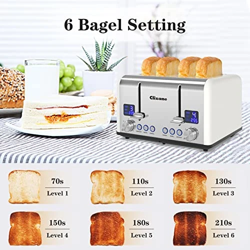 Toaster 4 Slice,1.5"Extra Wide Slot Stainless Toaster With Bagel Defrost Cancel Function, Dual Screen, Removal Crumb Tray (White) 4 Toaster 4 Slice,1.5"Extra Wide Slot Stainless Toaster With Bagel Defrost Cancel Function, Dual Screen, Removal Crumb Tray (White) - Image 2