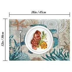 Vintage Animal Sea Turtle Placemat Table Mats Set Of 4, Blue Tortoise Nautical Map Starfish Seaweed Heat-Resistant Washable Clean Kitchen Place Mats For Dining Table Decoration