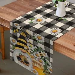 Spring Bee Gnome Table Runner, Honey Black White Buffalo Plaid Check Home Kitchen Dining Decor, Summer Seasonal Farmhouse Daisy Decorations Indoor Outdoor Anniversary Party Supply 13 X 72 Inch -Wilton Shop 519DMGAmYYL