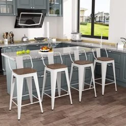 Metal Bar Stools Set Of 4 Barstools Counter Height Bar Stools With Back Industrial Bar Stool Indoor Counter Stool Kitchen Island Stools Modern Bar Chair With Wood Top 26 Inch White Cream