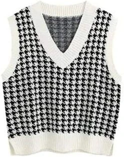 NC Autumn And Winter New European And American Women's Clothing Houndstooth Knitted Vest V-Neck Sleeveless Pullover Sweater -Wilton Shop 519m82ew9kS. AC