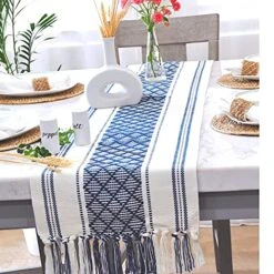 Dining Table Runner With Tassels 14 X 90 Inches, Blue & Cream | Woven Washable Console Table Runner/Dresser Scarf, Farmhouse Long Bohemian Table Top Decorations With Fringe For Holiday Party