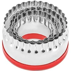 4-Pieces Fluted Round Cookie Cutters, Metal Circle Biscuit Cutters Set, Wave Cookies Cutter With Fluted Edge, Unique Design With Protective Red Top PVC