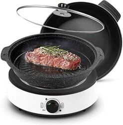 Multifunctional Split Electric Hot Pot, Non-Stick Skillet,Large Capacity 4L For 6~8 People,with Temperature Control Fry, Soup, Stew, Grilling, White, 13.39×8.66×14.17 Inches (HDJ-1350)