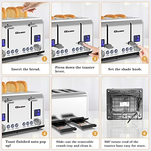 Toaster 4 Slice,1.5"Extra Wide Slot Stainless Toaster With Bagel Defrost Cancel Function, Dual Screen, Removal Crumb Tray (White) 6 Toaster 4 Slice,1.5"Extra Wide Slot Stainless Toaster With Bagel Defrost Cancel Function, Dual Screen, Removal Crumb Tray (White) - Image 4