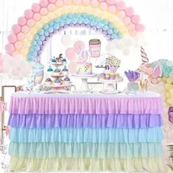 Rainbow Table Skirt Unicorn Ruffle Tablecloth For Birthday Macaron Unicorn Party Baby Shower Rectangle Table 6ft