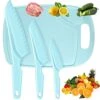 3 Pcs Toddler Knife Set With Cutting Board Serrated Edges Firm Grip 3 Sizes Kids Knifes For Real Cooking Baking Blue Plastic Kids Cooking Utensils Kid Safe Knives For Cutting Salad Fruit Cake Lettuce