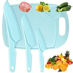 3 Pcs Toddler Knife Set With Cutting Board Serrated Edges Firm Grip 3 Sizes Kids Knifes For Real Cooking Baking Blue Plastic Kids Cooking Utensils Kid Safe Knives For Cutting Salad Fruit Cake Lettuce