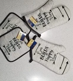 5 Piece Love Builds A Happy Home Themed Kitchen Set 2 Potholders, 1 Oven Mitt, 2 Towels