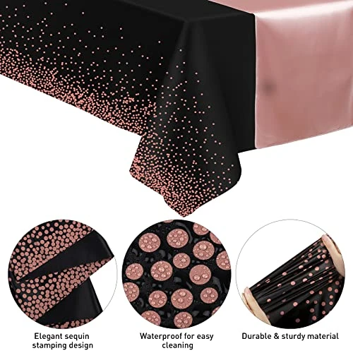 6 Pack Satin Sequin Table Runner, 6 Pack Tablecloth Set 12x108 Inch Smooth Table Runner 54x108 Inch Plastic Table Cover For Party Birthday Wedding Decor, Black And Rose Gold 6 6 Pack Satin Sequin Table Runner, 6 Pack Tablecloth Set 12x108 Inch Smooth Table Runner 54x108 Inch Plastic Table Cover For Party Birthday Wedding Decor, Black And Rose Gold - Image 4