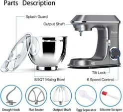 3-IN-1 Stand Mixer, 660W Mixers Kitchen Electric Stand Mixer Include 8.5QT Bowl, Dough Hook, Beater, Whisk & Splash Guard, 6-Speed Dough Mixer For Most Home Cooks (Gray) -Wilton Shop 51BoSj7NH3L
