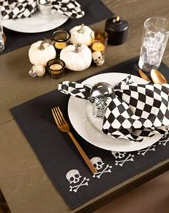 Halloween Party Tabletop Decor, Reusable & Machine Washable Cotton Fabric, Placemat Set, 13x19, Skull & Bones, 4 Piece -Wilton Shop 51C7txrgUJL