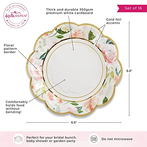 Pink Floral 7 In. Decorative Premium Paper Plates (350 GSM Weight -Set Of 16) - Perfect For Bridal Showers And Weddings, 6 Pink Floral 7 In. Decorative Premium Paper Plates (350 GSM Weight -Set Of 16) - Perfect For Bridal Showers And Weddings, - Image 4