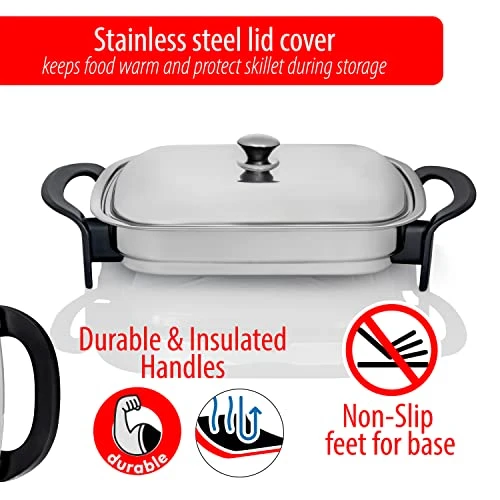 16-Inch Electric Skillet - Rectangular Stainless Steel Pan With Handles And Lid Cover 5 16-Inch Electric Skillet - Rectangular Stainless Steel Pan With Handles And Lid Cover - Image 3