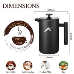 French Press Coffee Maker, 34 Oz, Stainless Steel Double-wall Insulated, With 2 Espresso Cups, Rust-Free, Dishwasher Safe, Black 13 French Press Coffee Maker, 34 Oz, Stainless Steel Double-wall Insulated, With 2 Espresso Cups, Rust-Free, Dishwasher Safe, Black -Wilton Shop 51DmlRTcLcL
