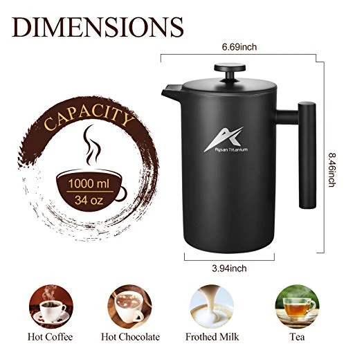 French Press Coffee Maker, 34 Oz, Stainless Steel Double-wall Insulated, With 2 Espresso Cups, Rust-Free, Dishwasher Safe, Black 6 French Press Coffee Maker, 34 Oz, Stainless Steel Double-wall Insulated, With 2 Espresso Cups, Rust-Free, Dishwasher Safe, Black - Image 4