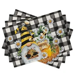 Spring Bee Gnome Daisy Placemats Set Of 4, Honey Black White Buffalo Check Plaid Dining Table Place Mats, Summer Seasonal Farmhouse Kitchen Decor Home Decoration 12 X 18 Inch