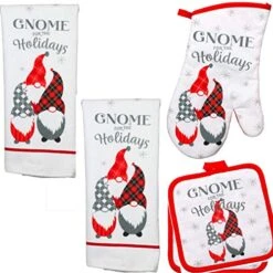 Gnome Decorations - Holiday Decor - Dish Towel Set (5 Pc) Gnome For The Holidays - Kitchen Towels - Oven Mitt - Pot Holders - Kitchen Decor - Printed Gnomes Kitchen Linens - Hand Towels
