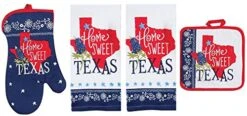 Home Sweet Texas Premium 4-Piece Kitchen Linen Set. Two Decorative Tea Towels, Oven Mitt, & Pot Holder. Red White & Blue Lone Star And Bluebonnet Pattern. 100% Cotton. Great Gift!