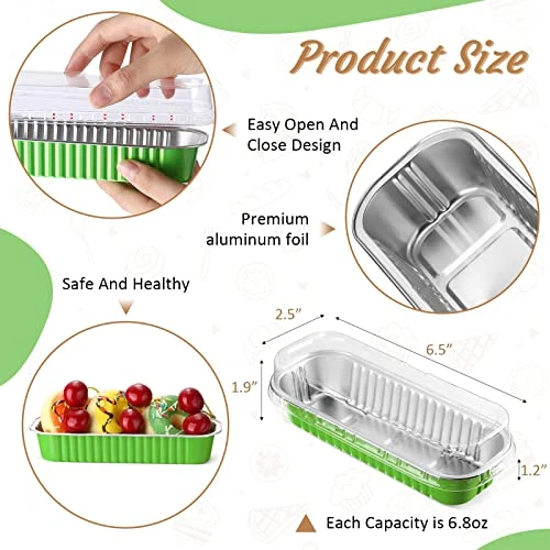 100 Pcs Aluminum Foil Baking Cups 6.8 Oz Mini Loaf Pans With Lids Disposable Rectangle Aluminum Baking Pans Ramekins Muffin Baking Tins Containers Holders For Bread Brownie Cake Cheesecake (Green) 4 100 Pcs Aluminum Foil Baking Cups 6.8 Oz Mini Loaf Pans With Lids Disposable Rectangle Aluminum Baking Pans Ramekins Muffin Baking Tins Containers Holders For Bread Brownie Cake Cheesecake (Green) - Image 2