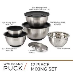 12-Piece Stainless Steel Mixing Bowl Set, Silicone Grip Bottom, Multifunction Lid With 3 Interchangeable Blades, Oven Safe, Easy-Store Nesting Design, Colander, 4 Bowls With Lids -Wilton Shop 51FDBkVlbPL