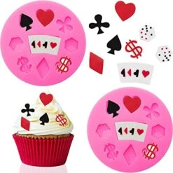 2 Pieces Poker Silicone Molds 3D Casino Themed Chocolate Molds Mini Heart Molds Cards For Candy Fondant Pink Non Stick Cupcake Cake Baking Mold