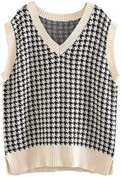 NC Autumn And Winter New European And American Women's Clothing Houndstooth Knitted Vest V-Neck Sleeveless Pullover Sweater -Wilton Shop 51FyJFIbPdS. AC