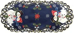 Holiday Christmas Table Runner Embroidered Snowman Snowflake Poinsettia Oval Dresser Scarf Blue Gold (15x34” Blue) Winter Decoration