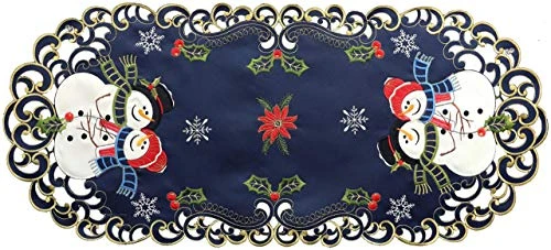 Holiday Christmas Table Runner Embroidered Snowman Snowflake Poinsettia Oval Dresser Scarf Blue Gold (15x34” Blue) Winter Decoration 3 Holiday Christmas Table Runner Embroidered Snowman Snowflake Poinsettia Oval Dresser Scarf Blue Gold (15x34” Blue) Winter Decoration