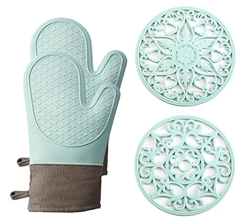 Oven Mitts And Pot Holders Sets, Silicone Oven Mitts Heat Resistant 600F, Oven Mitt Set Soft Lining Good Grip, Oven Gloves And Trivet Mats 4 Piece Set, Aqua Sky 3 Oven Mitts And Pot Holders Sets, Silicone Oven Mitts Heat Resistant 600F, Oven Mitt Set Soft Lining Good Grip, Oven Gloves And Trivet Mats 4 Piece Set, Aqua Sky
