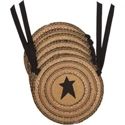 Kettle Grove Jute Chair Pad Applique Star Set Of 6 Primitive Country Braided Design, Caramel Brown
