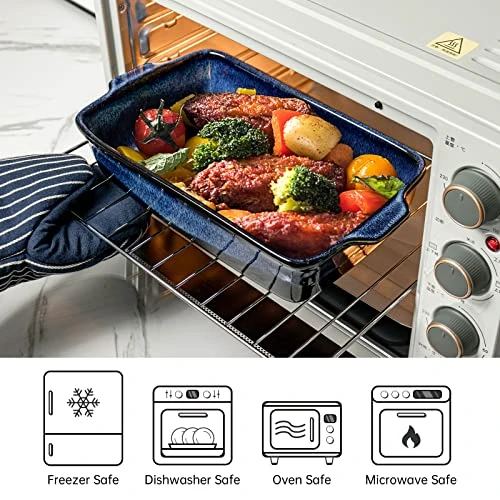 Casserole Baking Dish Set - Ceramic Lasagna Loaf Pans, Oven Safe Rectangular Bakerware Set With Handle For Kitchen Cooking, Bread, Brownies, Banquet And Dinner 11 X 7'' - 2 Piece, Blue 4 Casserole Baking Dish Set - Ceramic Lasagna Loaf Pans, Oven Safe Rectangular Bakerware Set With Handle For Kitchen Cooking, Bread, Brownies, Banquet And Dinner 11 X 7'' - 2 Piece, Blue - Image 2
