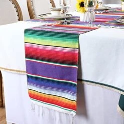 12 Pcs Mexican Serape Table Runner Mexican Party Table Blanket Serape Colorful Striped Runner Fringe Cotton Table Runner Decoration For Cinco De Mayo Fiesta Party Wedding 14 X 84 Inch (Classic Style) -Wilton Shop 51Hs1mu3psL