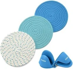 Lue Potholders Set Trivet Set - Blue Kitchen Accessories - 100% Cotton Hot Pads 7 Inches Diameter - Silicone Mitts For Hot Pots And Pans - Ideal For Cooking And Baking -Wilton Shop 51IADoPPqIL. AC