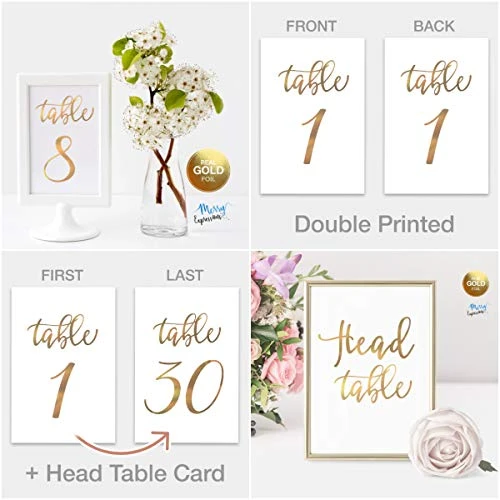 Gold Wedding Table Numbers Cards (1-30 + Head Table) 4x6 Double Sided Modern Calligraphy Foil Design Best For Receptions, Banquets, Cafés, Restaurants & Parties 4 Gold Wedding Table Numbers Cards (1-30 + Head Table) 4x6 Double Sided Modern Calligraphy Foil Design Best For Receptions, Banquets, Cafés, Restaurants & Parties - Image 2