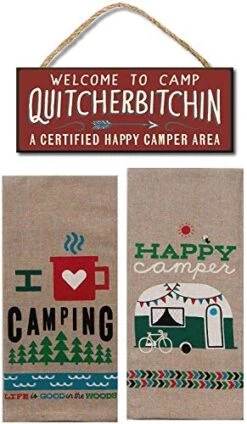 Th Street Gifts Camper Decorations - Happy Camper Dish Towels And Camp Sign - Camping Themed Decor - Camper Gift